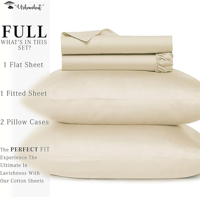 URBANHUT 800 Thread Count 100% Cotton Full Size Sheets, Luxury 4 Piece Full Bedsheets, Hotel Sheets Sateen Finish - Better Than Egyptian, 16" Elasticized Deep Pocket - Ivory