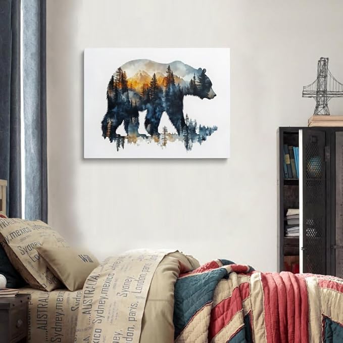 Bear Silhouette Forest Landscape Canvas Wall Art Framed Print Watercolor Painting Nature Wildlife Wall Decor Artwork Poster Sunset Colors Mountain Tree for Living Room Bedroom Office 12x16 Inches