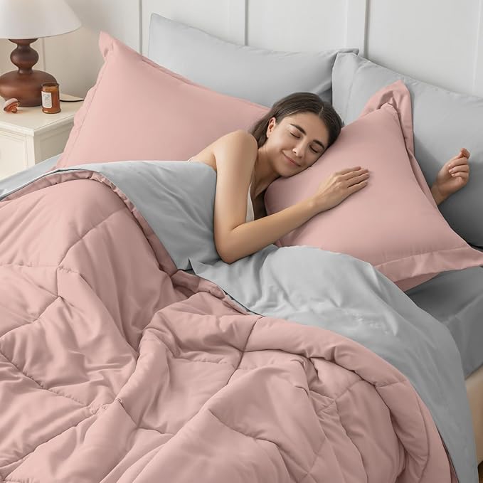 JOLLYVOGUE California King Comforter Set, Ultra-Soft Bed in a Bag Cal King Size 7 Pieces, Oeko-TEX Certified Bedding Set With Down Alternative Comforter, Sheets, Pillowcases & Shams, Pink & Light Grey