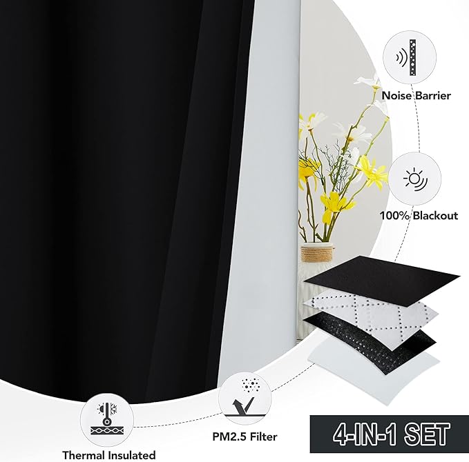 RYB HOME Blackout Soundproof Curtains for Living Room, Anti Dust UV Rays Block Drapes Melt Blown Fabric Liner for Mountain Fires Smog Pollen Odor Filtering, Black, W52 x L63 inch, 2 Panel