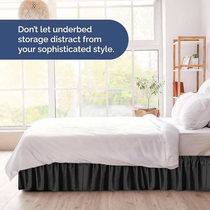 Wrap Around Dust Ruffle Bed Skirt - Black - for King Size Beds with 12 Inch Drop - Easy Fit Elastic Strap - Adjustable Pleated Bedskirt w/Brushed Fabric - Wrinkle Free - for Women, Men, Kids & Teens