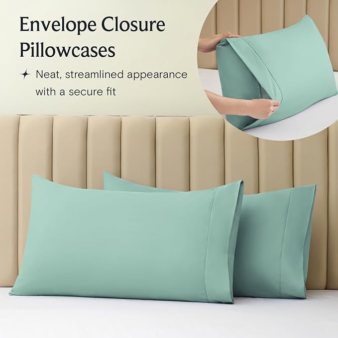LuxClub 4 PC King Sheet Set, Deep Pockets Wrinkle Free Cooling Bed Sheets Hotel Bedding for Women, Men, Includes 1 Fitted Sheet, 1 Flat Sheet and 2 Pillowcases-Soft Light Teal