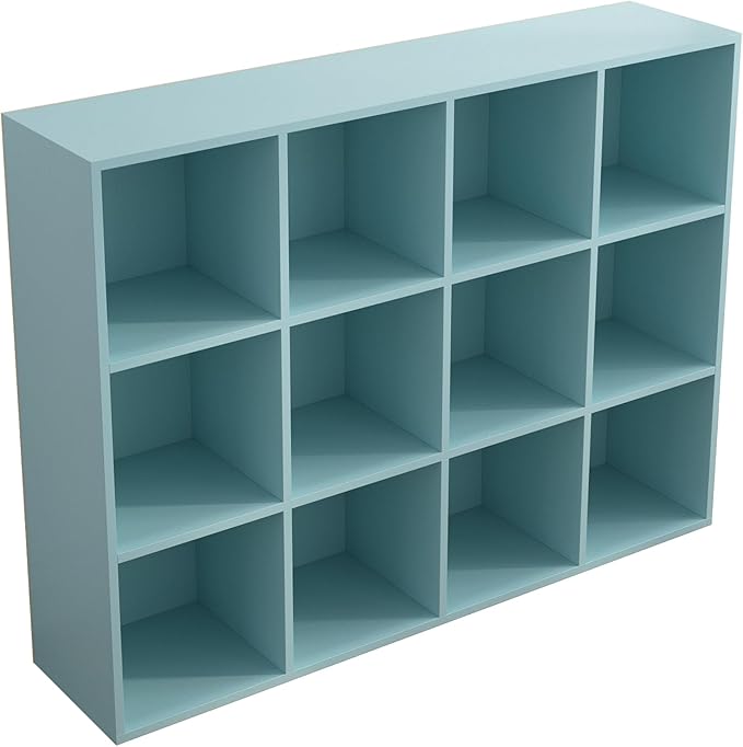 OSCHF 12-Cube Storage Shelf Bookcase - Wooden 3-Tier Floor Standing Open Bookshelf for Home and Office, Display Cabinet, Light Blue