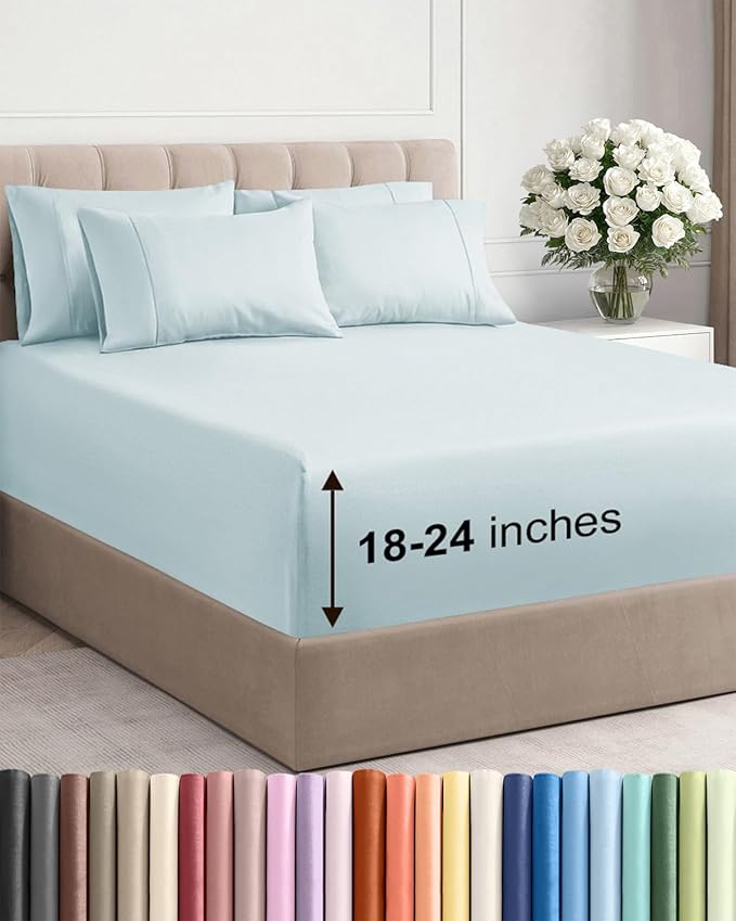 Extra Deep Queen Sheet Set - 6 Piece Breathable & Cooling Sheets - Hotel Luxury Bed Sheets Set - Easy & Secure Fit - Soft, Wrinkle Free & Comfy Sheets Set - Ice Blue Sheet Set with Extra Deep Pockets