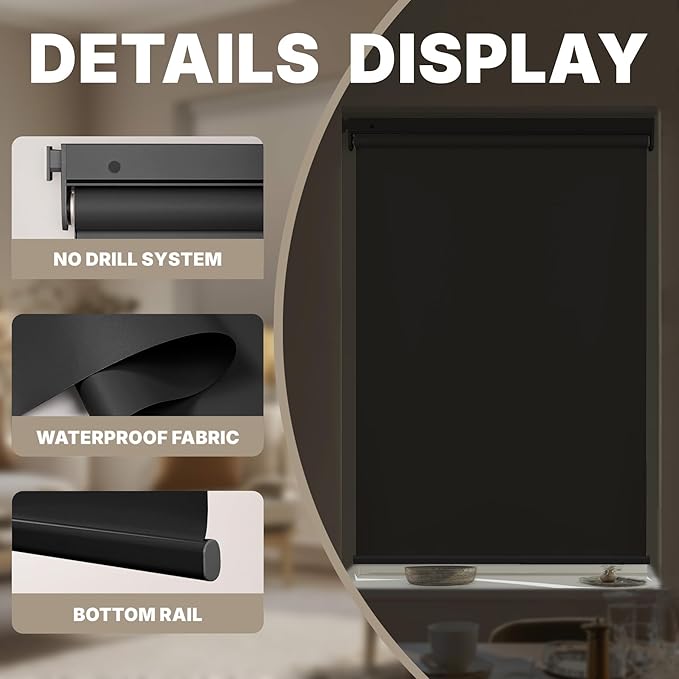 HESTIA No Drill Cordless Blackout Roller Shades Screwless Waterproof Shower Window Blinds, Auto-Retraction Easy Install Blind for Bathroom/Kitchen/Office/Exterior, Black, 40.5" W x 54" H