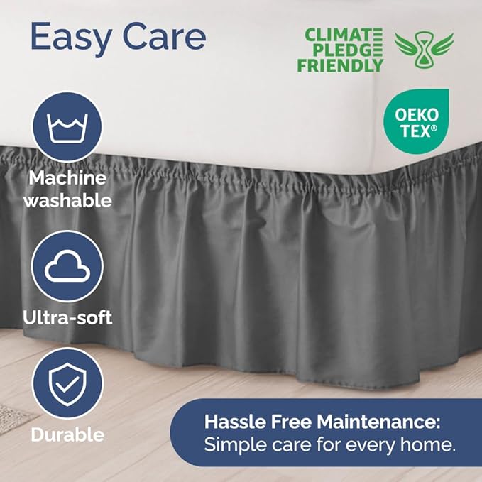 Wrap Around Dust Ruffle Bed Skirt - Dark Grey - for Twin Size Beds w/ 16 Inch Drop - Easy Fit Elastic Strap - Adjustable Pleated Bedskirt with Brushed Fabric, Wrinkle Free Women, Men, Kids and Teens