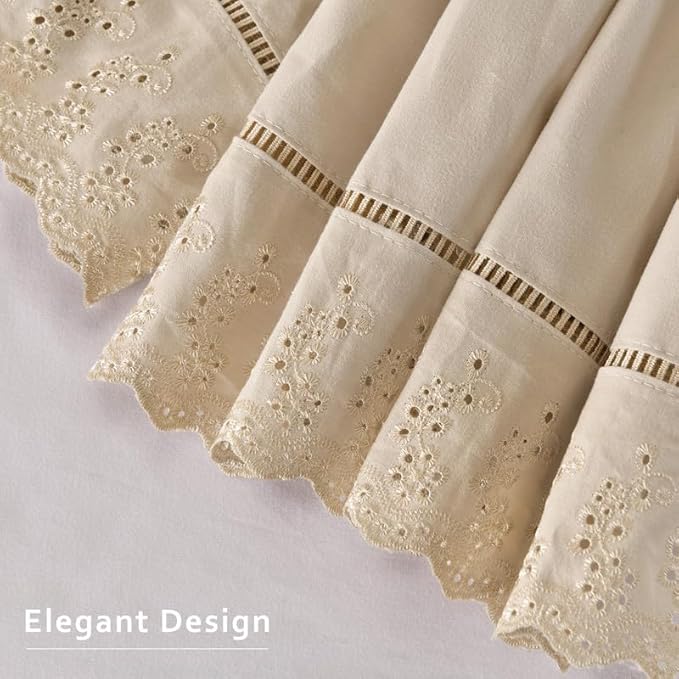 MIYE Wrap Around Ruffled Lace Bed Skirt, Elastic Dust Ruffle with Adjustable Belts, Easy to Put On, Bed Frame Cover, Machine Washable (Embroidered/Beige, King/Queen-15 Drop)