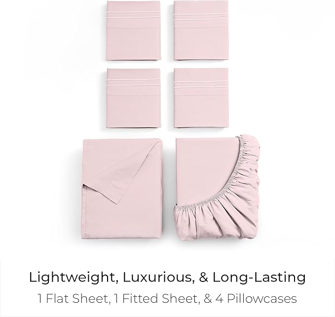 Mellanni Queen Sheet Set - 6-Piece Iconic Collection Bedding, (Including 4 Pillowcases), 21-Inch Extra Deep Pocket, Easy Care, Ultra Soft, Cooling Sheets, Brushed Microfiber - Blush Pink