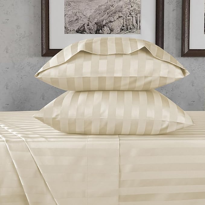 URBANHUT 800 Thread Count 100% Cotton Damask Queen Size Sheets, 4 Piece Striped Queen Size Bedsheets, Luxury Hotel Sheets Sateen Weave - Better Than Egyptian, 16" Elasticized Deep Pocket- Ivory