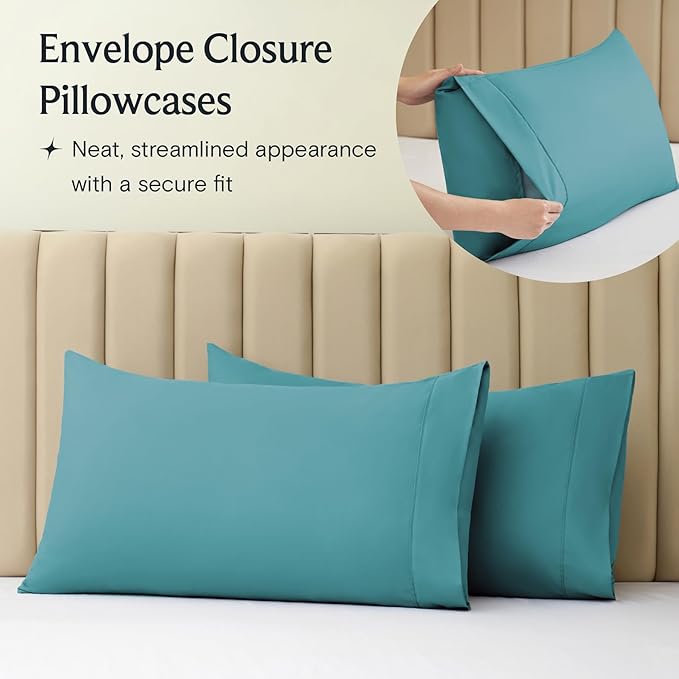 LuxClub 4 PC Full Sheet Set, Deep Pockets Wrinkle Free Cooling Bed Sheets Hotel Bedding for Women, Men, Kids & Teens, Includes 1 Fitted Sheet, 1 Flat Sheet and 2 Pillowcases-Soft Teal