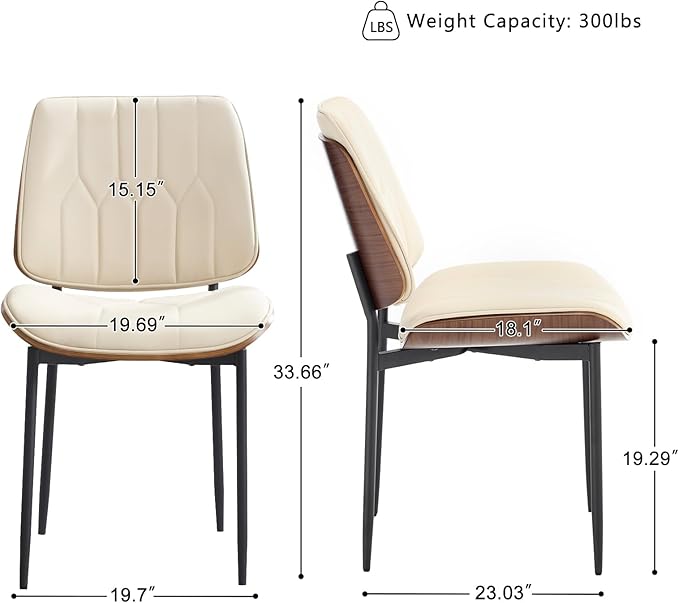 BV Mid Century Modern Dining Chairs Set of 6, Upholstered Pu Leather Armless Accent Chair with Walnut Bentwood Back, Retro Kitchen Chair for Dining Room, Living Room, Kitchen, Beige
