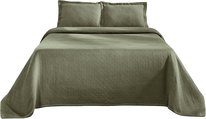 Superior 100% Cotton Basket Weave Bedspread with Shams, All-Season Premium Cotton Matelasse Jacquard Bedding, Quilted-Look Geometric Basket, King, Sage