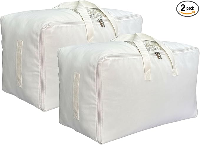 Soft Large Canvas Comforter Storage Bags with Four Carrying Handles and Clear Window, Closet Organizer for Clothing, Blankets Sheets Pillows and Bedding, 80L, 2 Pack, White