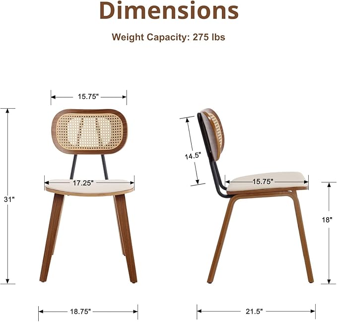 HEAH-YO Modern Dining Chairs Set of 6, Upholstered Faux Leather Dining Room Chairs with Rattan Backrest and Wood Legs, Armless Kitchen Chairs for Dining Room, Beige