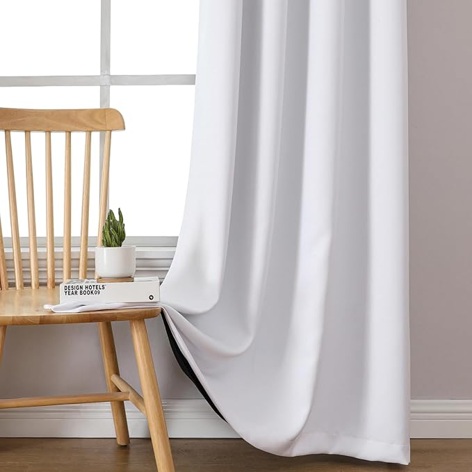 ChrisDowa White 100% Blackout Curtains for Bedroom with Black Liner, 2 Thick Layers Total Blackout Thermal Insulated Grommet Window Curtains 2 Panels Set (Pure White, 42 x 84 Inch)