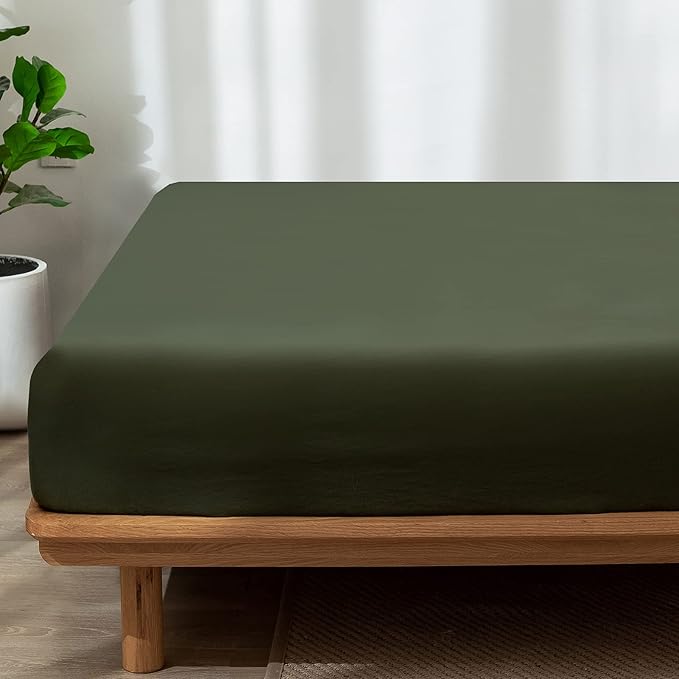 MooMee Fitted Bottom Sheet Only 100% Washed Cotton Linen Like Textured Breathable Durable Soft Comfy Deep Pocket Fits Mattress up to 17" (Olive Green, California King)