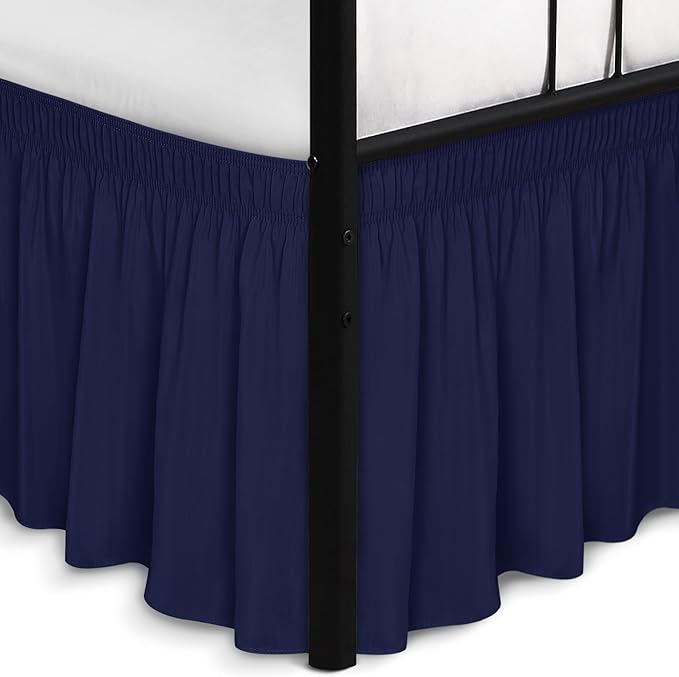 Biscaynebay Wrap Around Bed Skirts with Split Corners for King Beds 15" Drop, Navy Adjustable Elastic Dust Ruffles Easy Fit Wrinkle Resistant Silky Luxurious Fabric Machine Washable