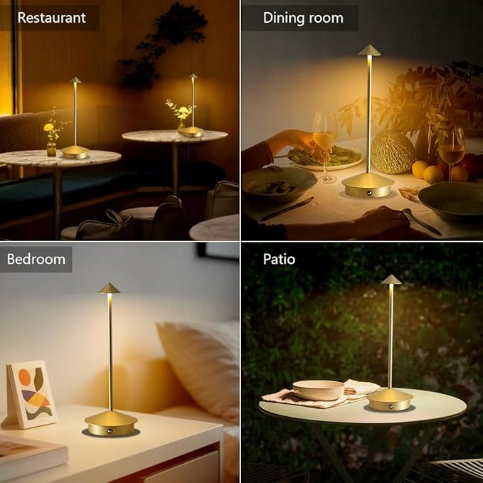 Cordless Table Lamp, 5000mAh Rechargeable Battery Powered LED Desk Lamp, Portable Touch Control Outdoor Table Lamps,3 Color Dimmable Light for Restaurant, Patio, Bedroom, Night Lamp (Gold)