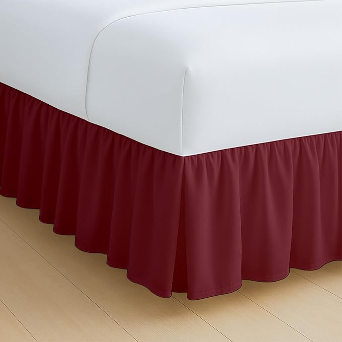 Rajlinen Ruffled Bed Skirt Twin XL, 12 Inch Drop Dust Ruffle with Split Corners, 100% Microfiber Bedskirt with Platform, Three-Sided Coverage Ruffled Gathering Design, Burgundy