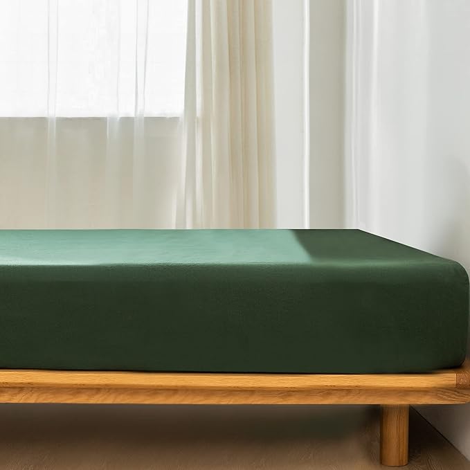 MooMee Fitted Bottom Sheet Only 100% Washed Cotton Linen Like Textured Breathable Durable Soft Comfy Deep Pocket Fits Mattress up to 17" (Forest Green, Twin)