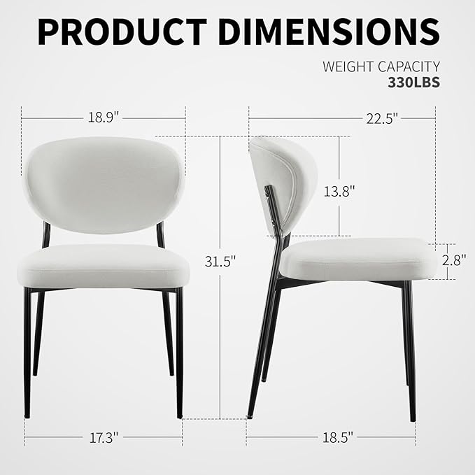 Upholstered Dining Chairs Set of 2 Modern Chenille Dining Room Chairs Wide Cushion with 58D Memory Foam Ergonomic Wingback Kitchen Chairs with Black Metal Leg for Living Room/Bedroom White