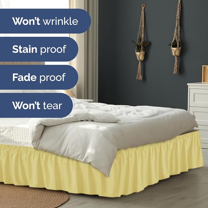 Wrap Around Dust Ruffle Bed Skirt - Yellow - for Queen Size Beds with 21 Inch Drop - Easy Fit Elastic Strap - Adjustable Pleated Bedskirt w/Brushed Fabric Wrinkle Free - for Women, Men, Kids & Teens