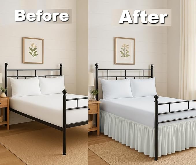 Ruffled Bed Skirt Split Corners with Platform, Tailored Fit Hotel Quality Wrinkle Free Ultra-Soft Microfiber Dust Ruffle, Upto 14 Inch Drop, Full XL, Ivory