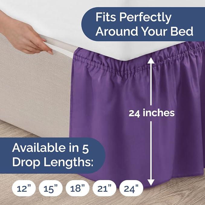 Wrap Around Dust Ruffle Bed Skirt - Purple - Twin/Twin XL Size Beds with 24 Inch Drop - Easy Fit Elastic Strap - Adjustable Pleated Bedskirt w/Brushed Fabric - Wrinkle Free - Women, Men, Kids & Teens