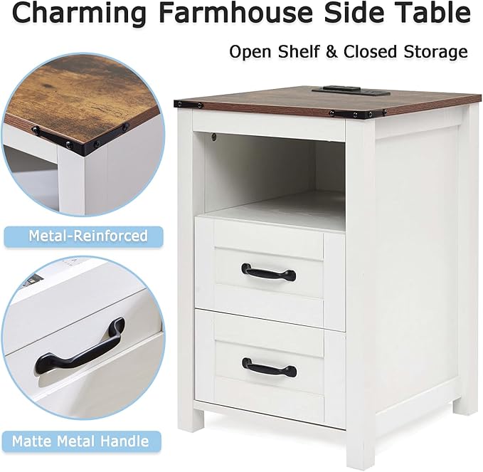 Puntogen White Night Stand, Rustic End Table with Charging Station, Farmhouse Tall Nightstand for Bedroom, Drawer Dresser Bedside Table with Open Storage Shelf