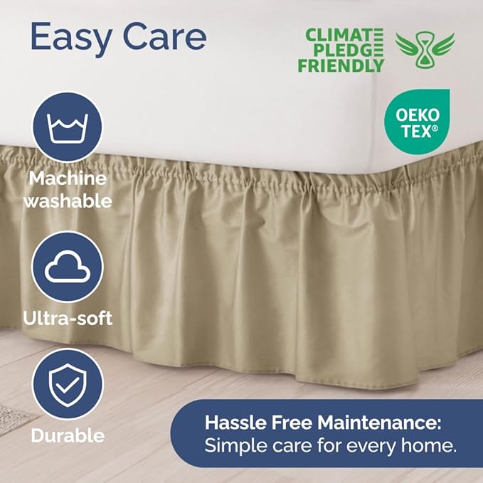 Wrap Around Dust Ruffle Bed Skirt - Beige - for Twin Size Beds w/ 16 Inch Drop - Easy Fit Elastic Strap - Adjustable Pleated Bedskirt w/Brushed Fabric, Wrinkle & Fade Free Women, Men, Kids & Teens