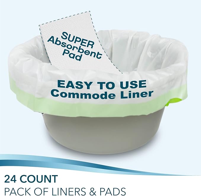TidyCare Disposable Bedside Commode Liners and Pads for Portable Toilet Chair Seat Bucket and Bedpan | Combo Pack of 24 Waste Bags and 24 Absorbent Pads | Universal Fit