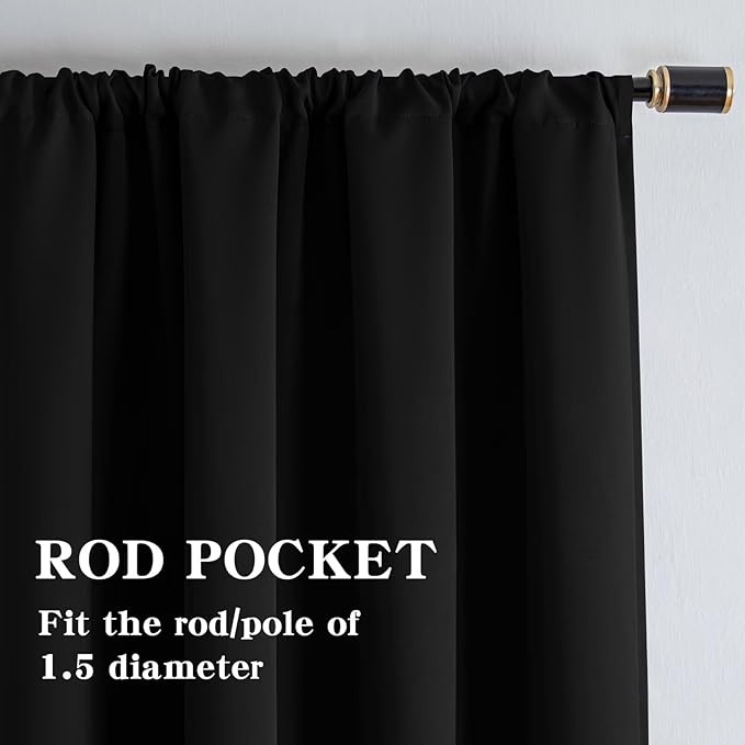 Black Blackout Curtains 90 Inch Length 2 Panels Set, Black Out Curtains for Bedroom 90 Inch Long, Rod Pocket Energy Saving Room Darkening Drapes for Living Room Window(W52 x L90)