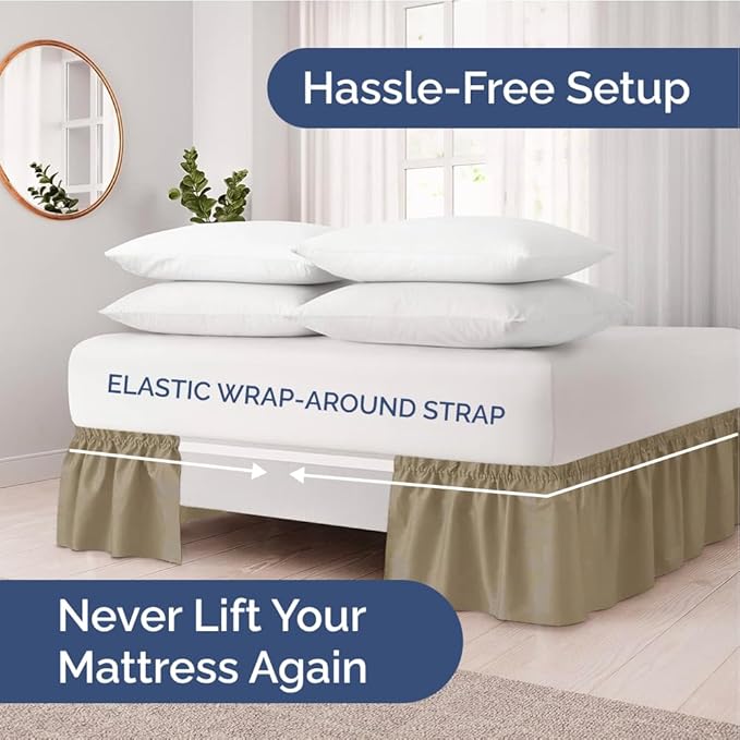 Wrap Around Dust Ruffle Bed Skirt - Khaki - Twin/Twin XL Size Beds w/ 12 Inch Drop - Easy Fit Elastic Strap - Adjustable Pleated Bedskirt w/Brushed Fabric - Wrinkle Free - Women, Men, Kids & Teens
