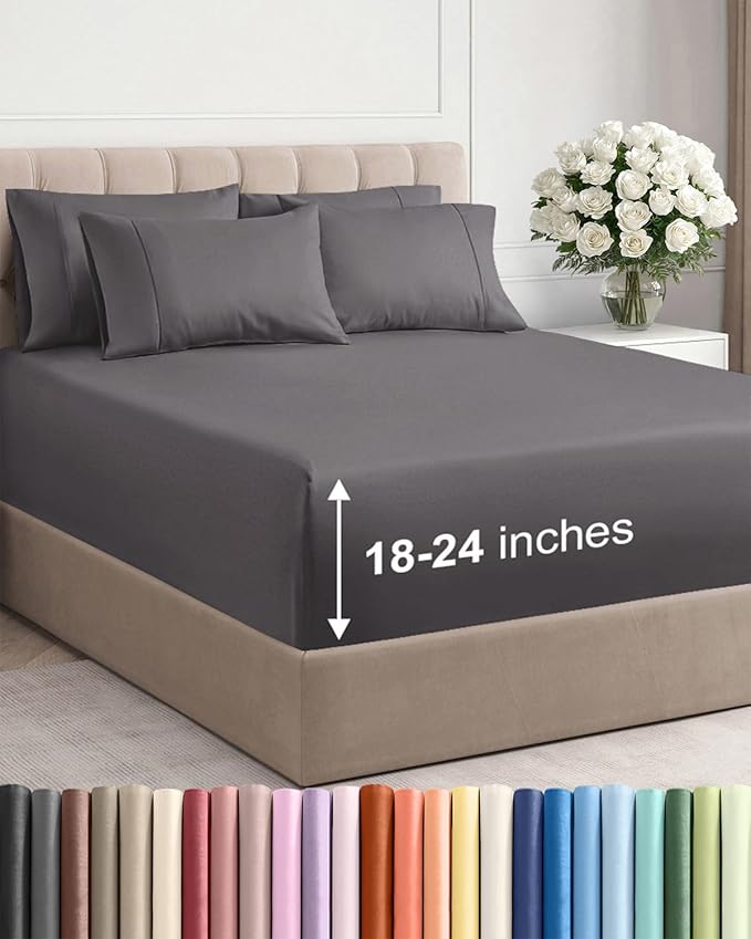 Extra Deep Cal King Sheet Set - 6 Piece Breathable & Cooling Sheets - Hotel Luxury Bed Sheets Set - Easy & Secure Fit - Soft, Wrinkle Free & Comfy Sheets Set - Grey Sheet Set with Extra Deep Pockets