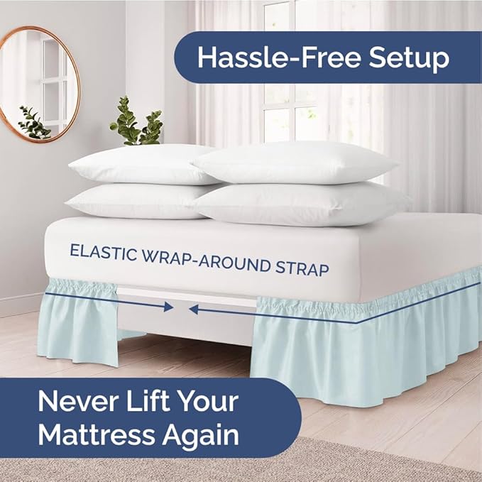 Wrap Around Dust Ruffle Bed Skirt - Ice Blue - for Full Size Beds w/ 15 Inch Drop - Easy Fit Elastic Strap - Adjustable Pleated Bedskirt w/Brushed Fabric - Wrinkle Free - for Women, Men, Kids & Teens