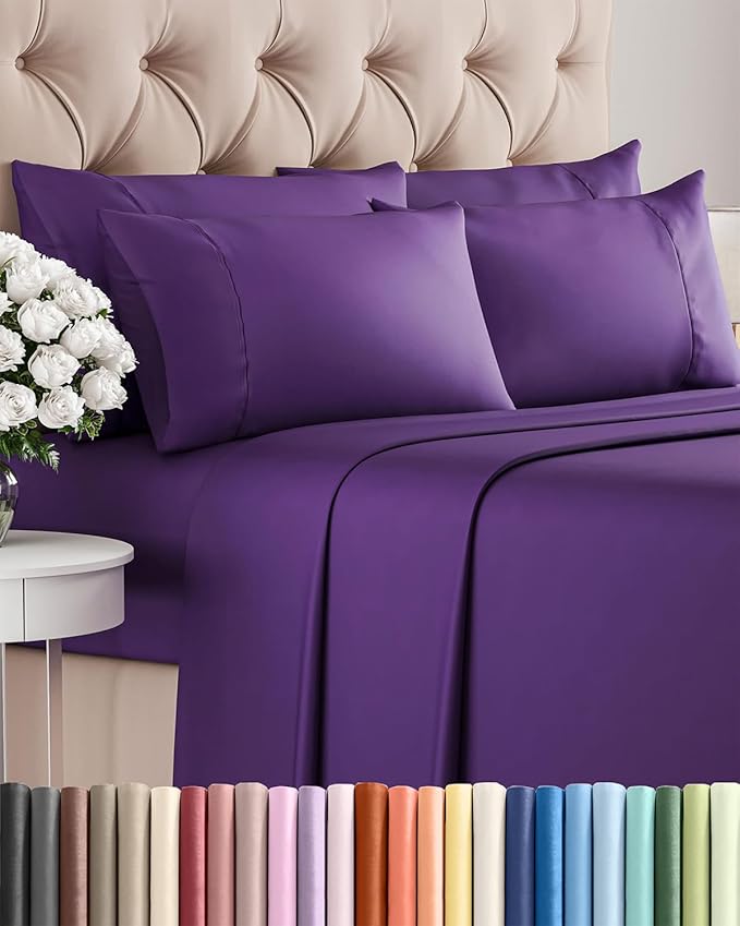 King 6 Piece Sheet Set - Cooling, Comfy & Breathable - Hotel Luxury Bedding, Includes Fitted Sheet for Women, Men, Kids and Teens - 1 Flat, 1 Fitted Sheet, 4 Pillowcases with Deep Pockets - Purple