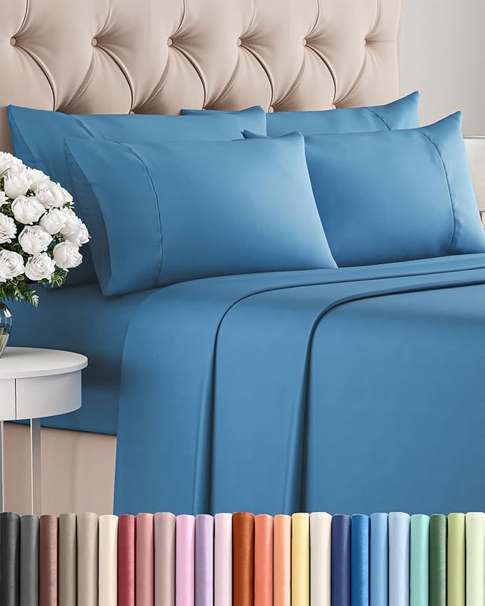 Queen 6 Piece Sheet Set - Cooling, Comfy & Breathable - Hotel Luxury Bedding, Includes Fitted Sheet for Women, Men, Kids & Teens - 1 Flat, 1 Fitted Sheet, 4 Pillowcases with Deep Pockets - Denim Blue