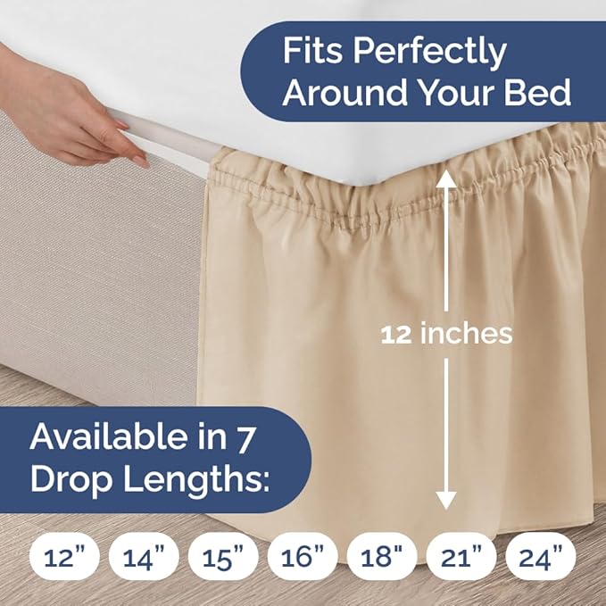 Wrap Around Dust Ruffle Bed Skirt - Cream - Twin/Twin XL Size Beds with 12 Inch Drop - Easy Fit Elastic Strap - Adjustable Pleated Bedskirt w/Brushed Fabric - Wrinkle Free - Women, Men, Kids & Teens