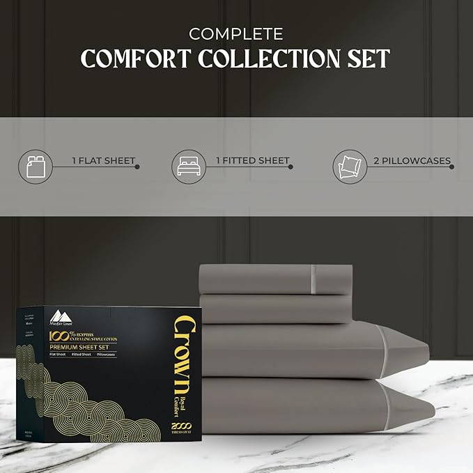 Mayfair Linen 100% Egyptian Cotton Queen Sheets Set - 2000 Series Luxury Sheets Queen Size Bed Set, Soft & Cooling, Sateen Weave 17" Extra Deep Pocket Hotel Collection Sheet (4 Pc, Dark Grey)