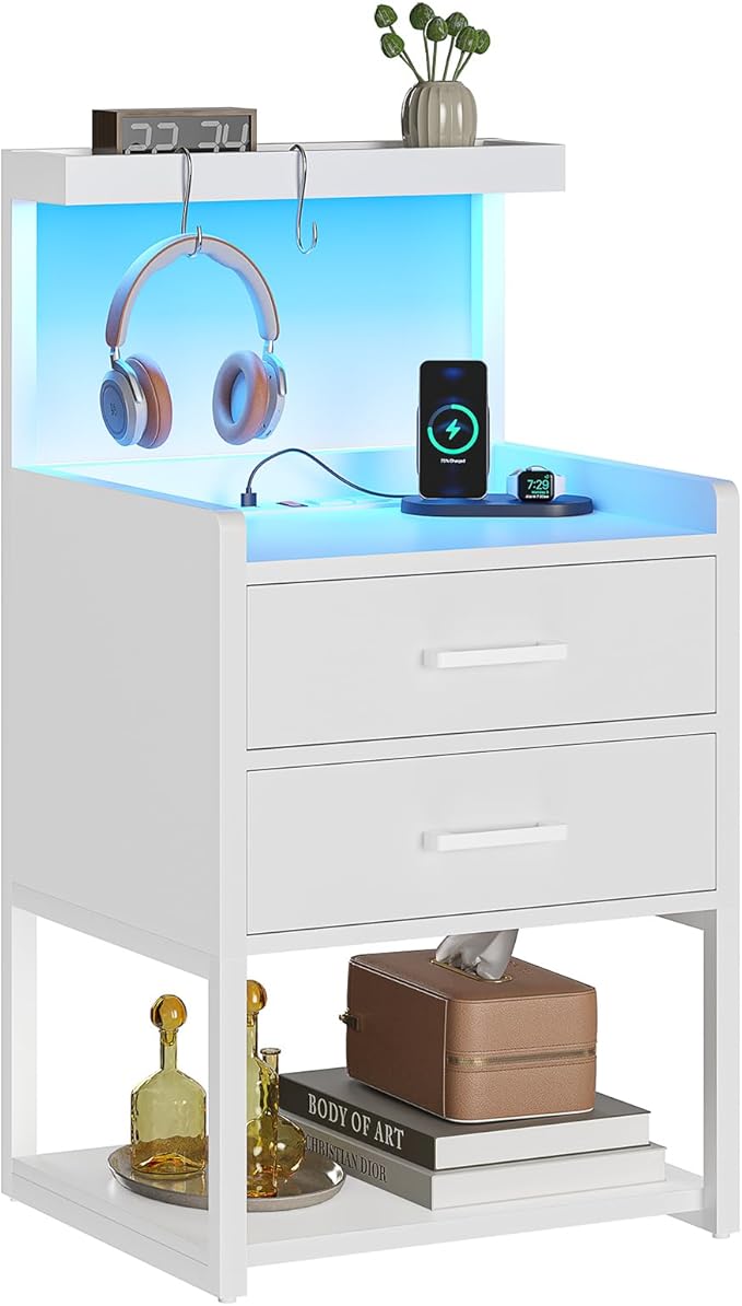 VIAGDO Nightstands Set of 2 with Charging Station, LED Night Stand with 2 Drawers, White Modern Bedside Tables with Open Storage Shelves, End Side Tables for Bedroom, Office