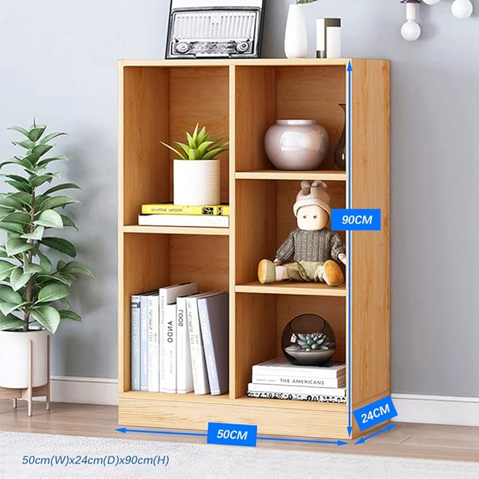 IOTXY Open Shelf Low Bookcase - Wooden 3-Tier Floor Standing Display Cabinet Organizer with Base, 5 Cubes Short Horizontal Bookshelf in Pear Yellow