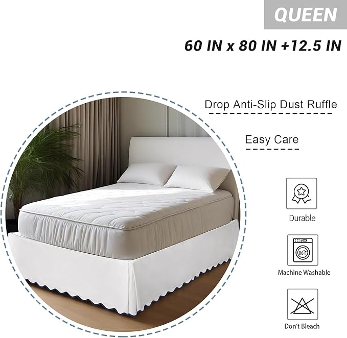 HIG Queen Bed Skirt - Easy Fit Scallop Edge Pleated Bedskirts With Spilt Coner, 12 Inch Drop Anti-Slip Dust Ruffle, Thick Fabric for Enhanced Privacy, Pre-Washed for Long-Lasting Use, Machine Washable