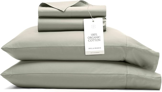 BOLL & BRANCH Signature Hemmed Sheet Set - King + Standard, Sageleaf - Luxury 100% Organic Cotton - Includes 1 Flat, 1 Fitted, 2 Standard Size Pillowcases - Buttery Soft