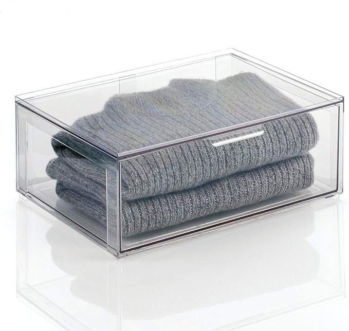 mDesign Plastic Stackable Closet Storage Organizer Bin Containers with Front Pull Drawer for Cabinet, Desk, Shelf, Cupboard, or Dresser Organization - Lumiere Collection - Clear