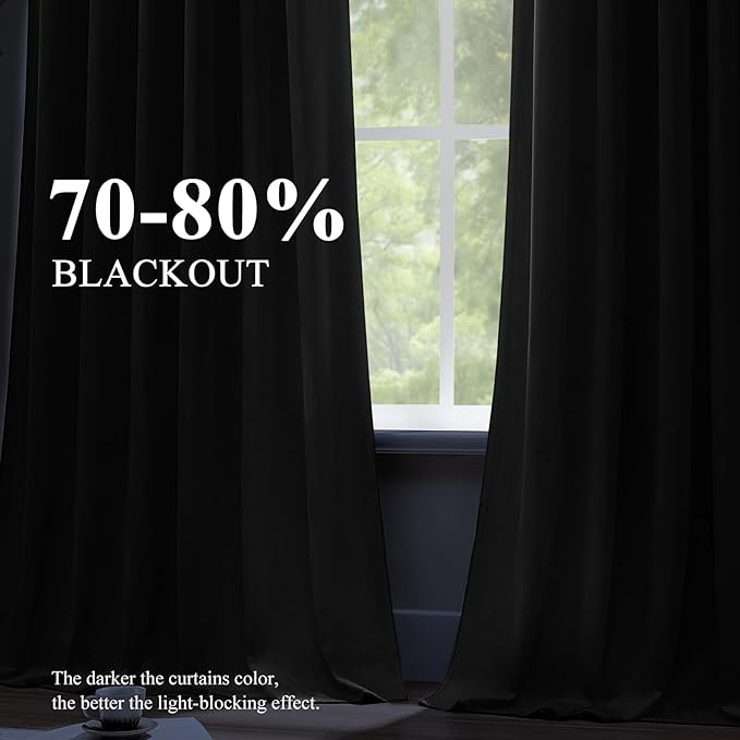 Black Velvet Blackout Curtains Extra Long Room Darkening Drapes Super Soft Elegant Thermal Insulated Soundproof Window Curtains for Bedroom Living Room, Back Tab Rod Pocket, W52 x L108, 2 Panels