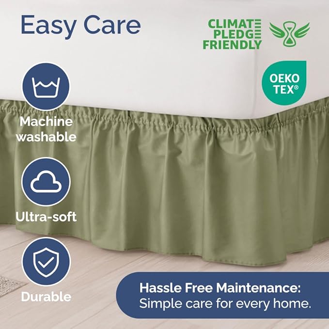 Wrap Around Dust Ruffle Bed Skirt - Sage Green - Twin/Twin XL Size Beds with 15 Inch Drop - Elastic Strap - Adjustable Pleated Bedskirt with Brushed Fabric and Wrinkle Free - Women, Men, Kids & Teens
