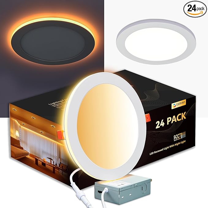 CycevSun 24 Pack 8 Inch LED Recessed Lights with Night Light, Canless Wafer Downlight Ultra Thin, Dimmable & 5CCT Selectable, 15W, 1500LM, ETL, 120-277V, 8.2Inch Cutout