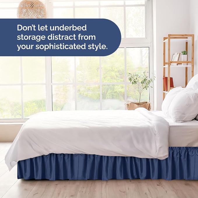 Wrap Around Dust Ruffle Bed Skirt - Navy Blue - for King Size Beds w/ 14 Inch Drop - Easy Fit Elastic Strap - Adjustable Pleated Bedskirt with Brushed Fabric, Wrinkle Free Women, Men, Kids and Teens