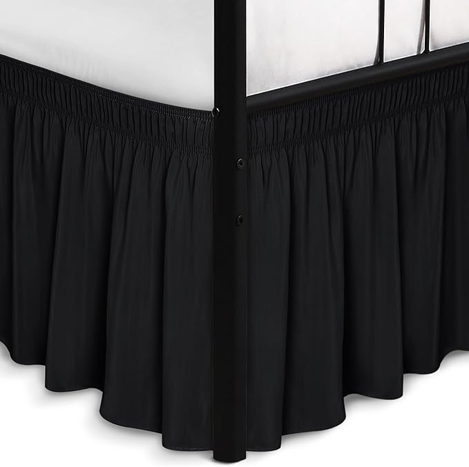 Biscaynebay Wrap Around Bed Skirts with Split Corners for Queen Beds 14" Drop, Black Elastic Dust Ruffles Adjustable Easy Fit Wrinkle & Fade Resistant Silky Luxurious Fabric Machine Washable
