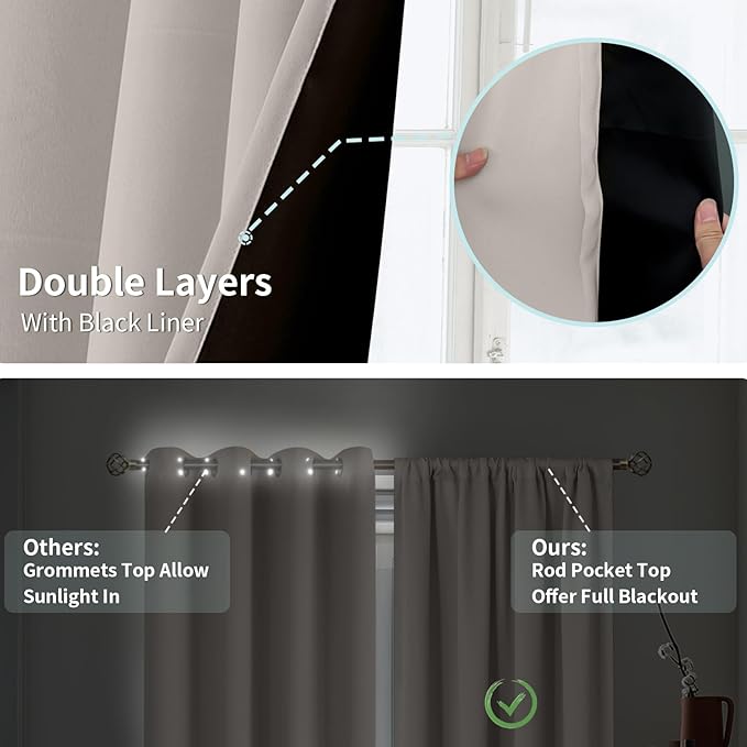 BGment Short Blackout Curtains for Bedroom, Thermal Insulated Full Room Darkening Soundproof Rod Pocket Small Window Curtains 45 Inch Length, 2 Panel, Each Panel 42 Inch, Cashmere